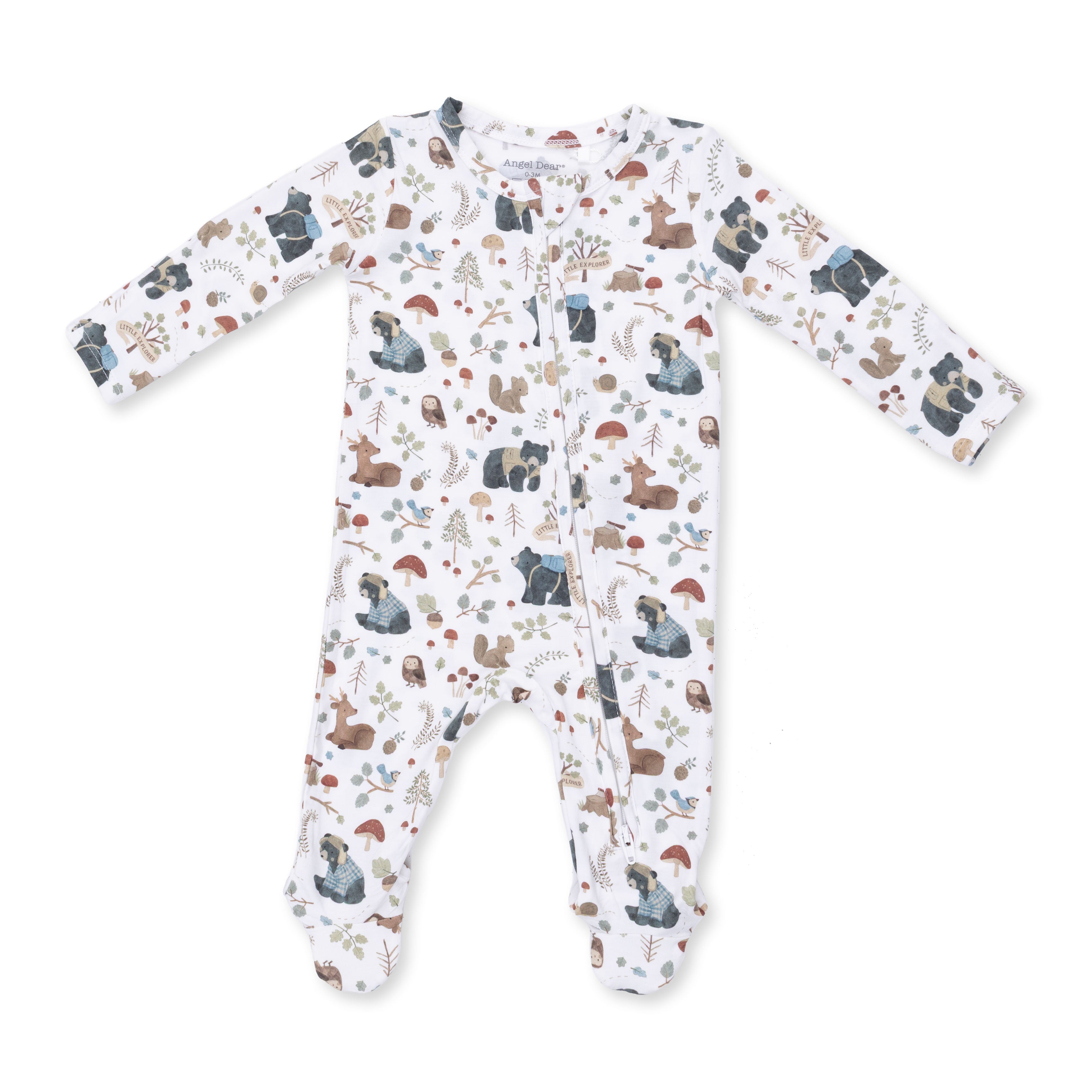 Baby onesie with woodland animal pattern on a white background