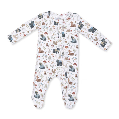 Baby onesie with woodland animal pattern on a white background