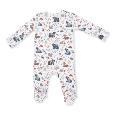Baby onesie with woodland animal pattern on a white background