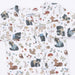 Baby blanket withwoodland animal pattern featuring bears, deer, and squirrels on a white background.