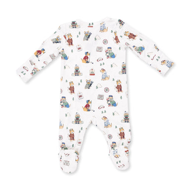 A white long-sleeve baby footed sleeper with an all-over whimsical winter-themed print featuring bears, snow globes, and small illustrations, shown flat on a white background.