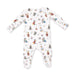 A white long-sleeve baby footed sleeper with an all-over whimsical winter-themed print featuring bears, snow globes, and small illustrations, shown flat on a white background.