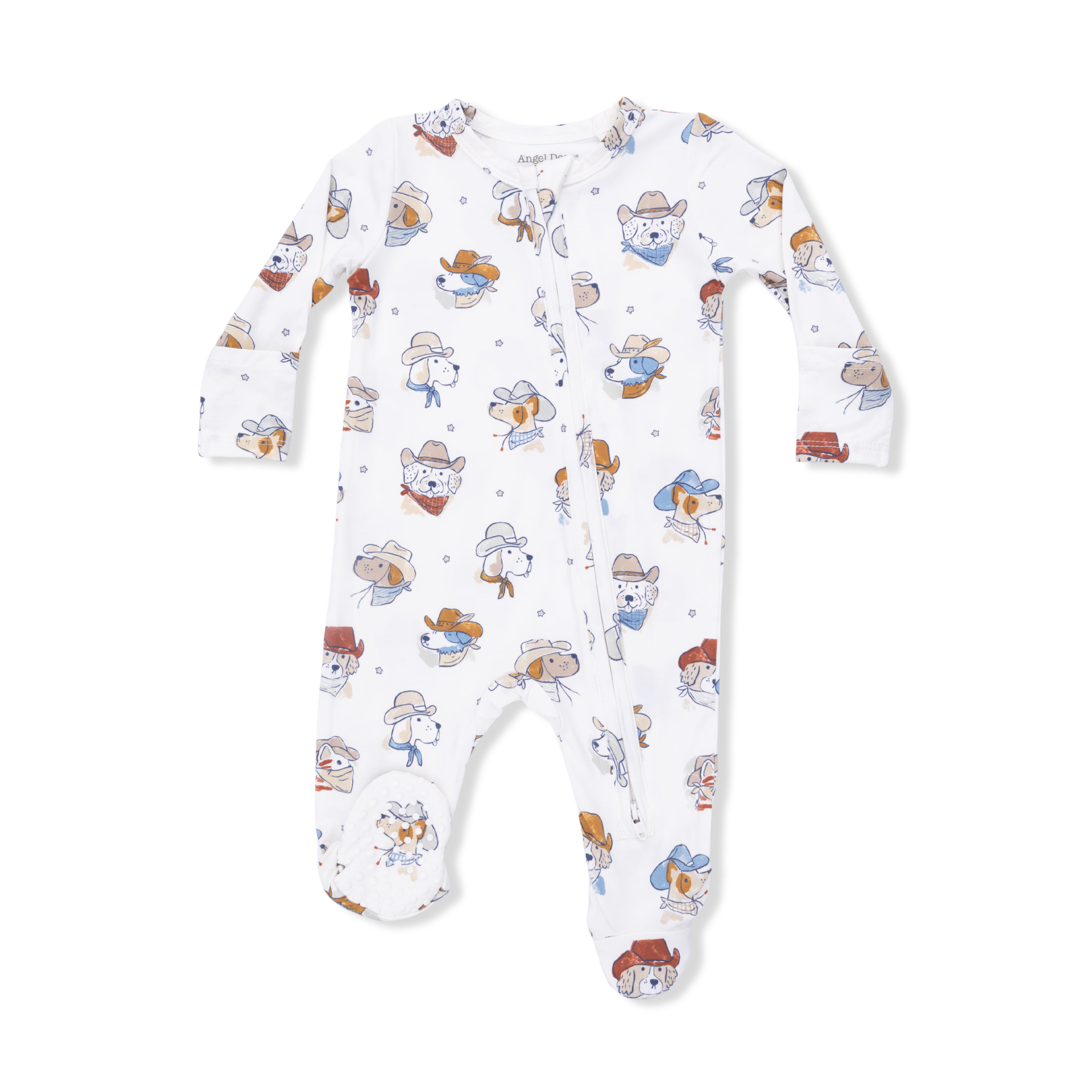 Baby onesie with western dog pattern on a white background