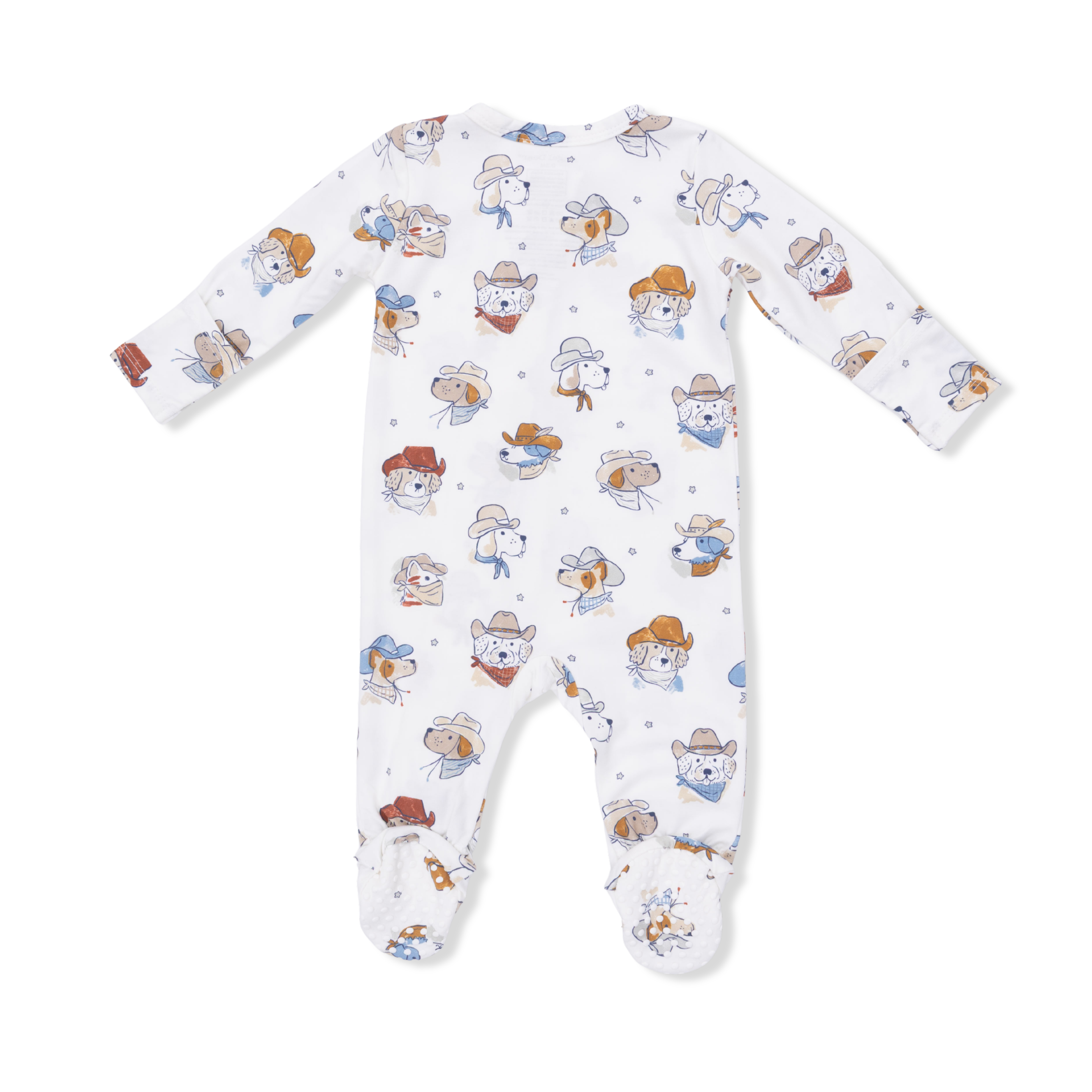 Baby onesie with cowboy-themed pattern on a white background