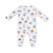 Baby onesie with cowboy-themed pattern on a white background