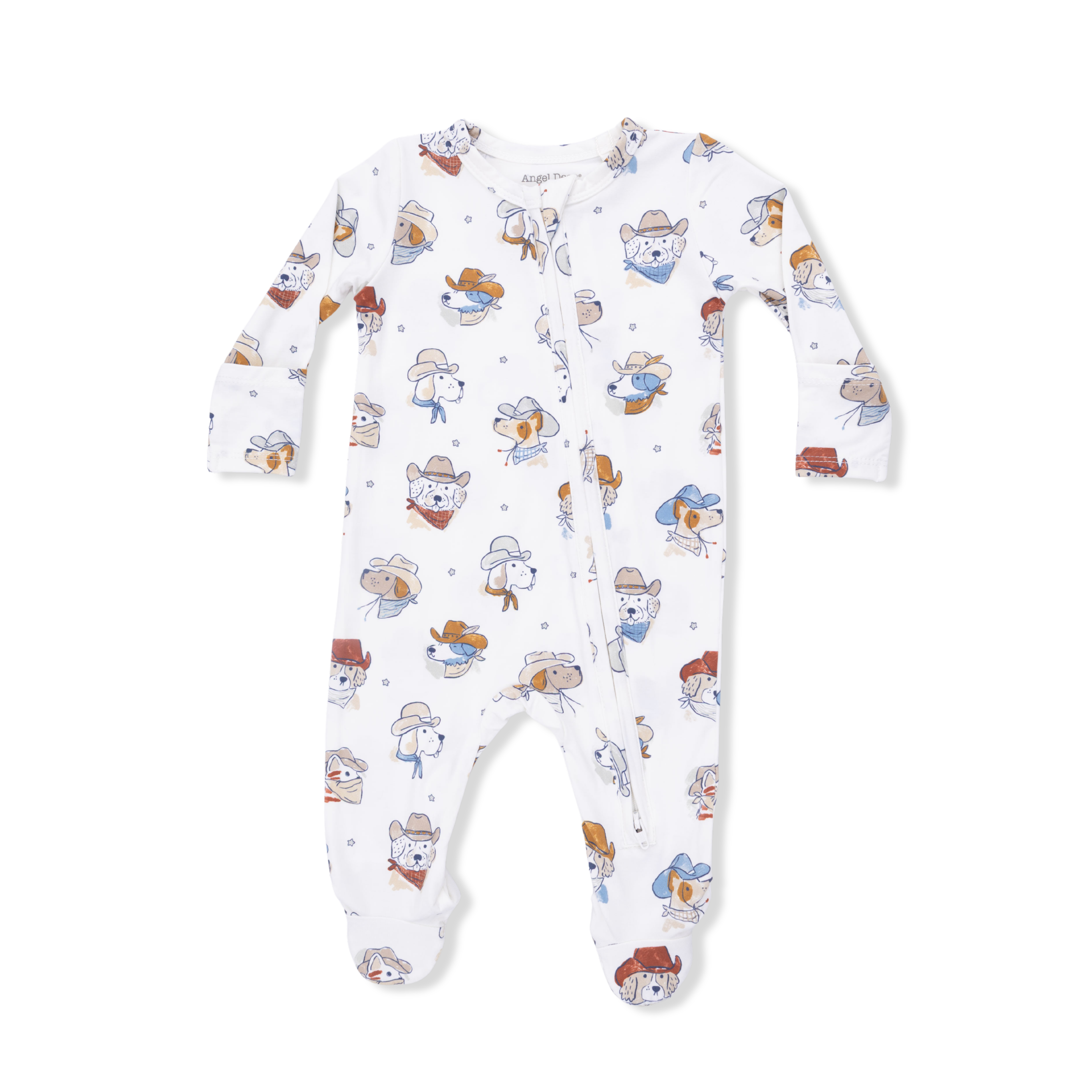 Baby onesie with cowboy themed pattern on a white background