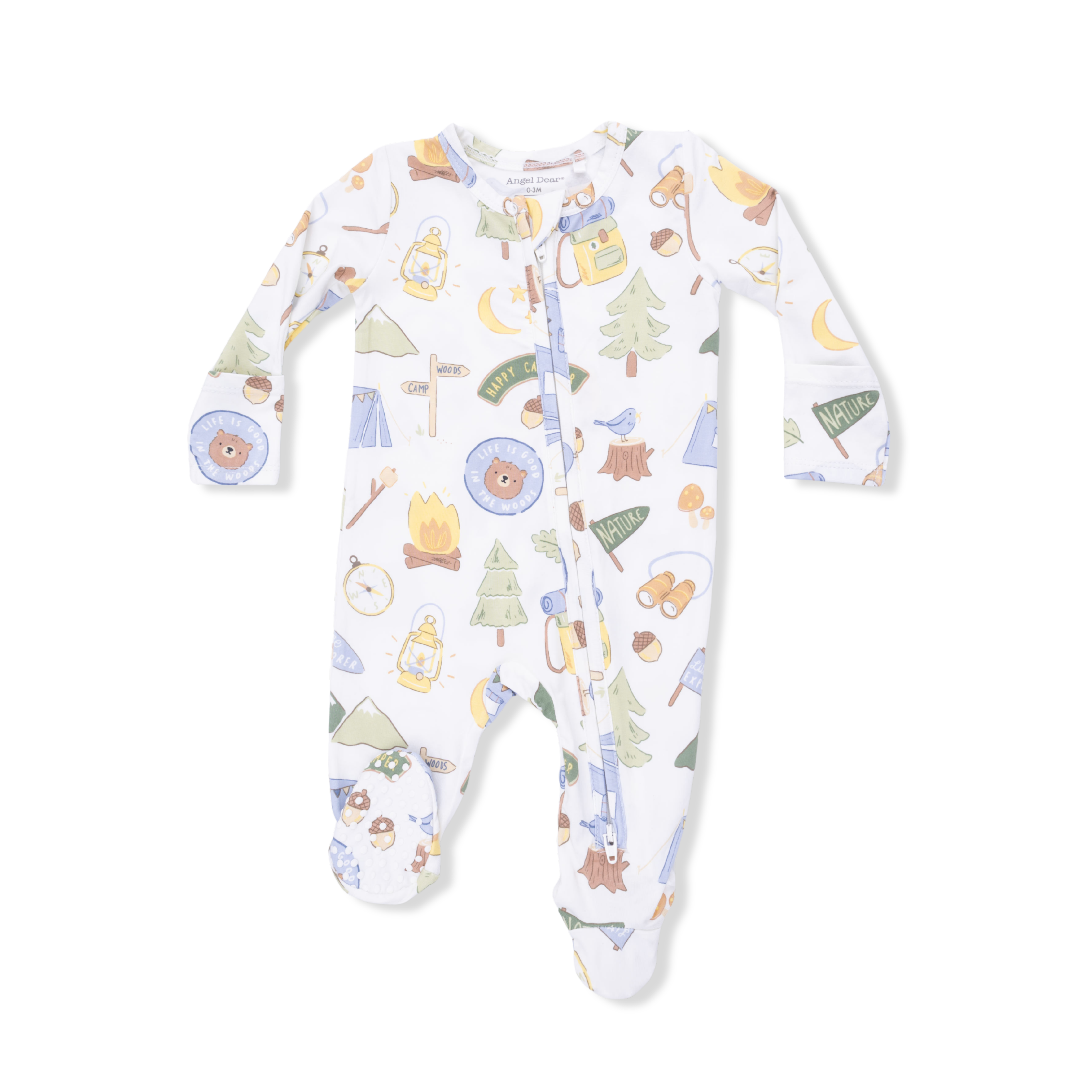 Baby onesie with camping-themed print on a white background