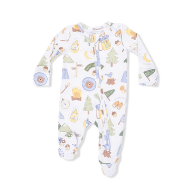 Baby onesie with camping-themed print on a white background