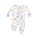 Baby onesie with camping-themed print on a white background