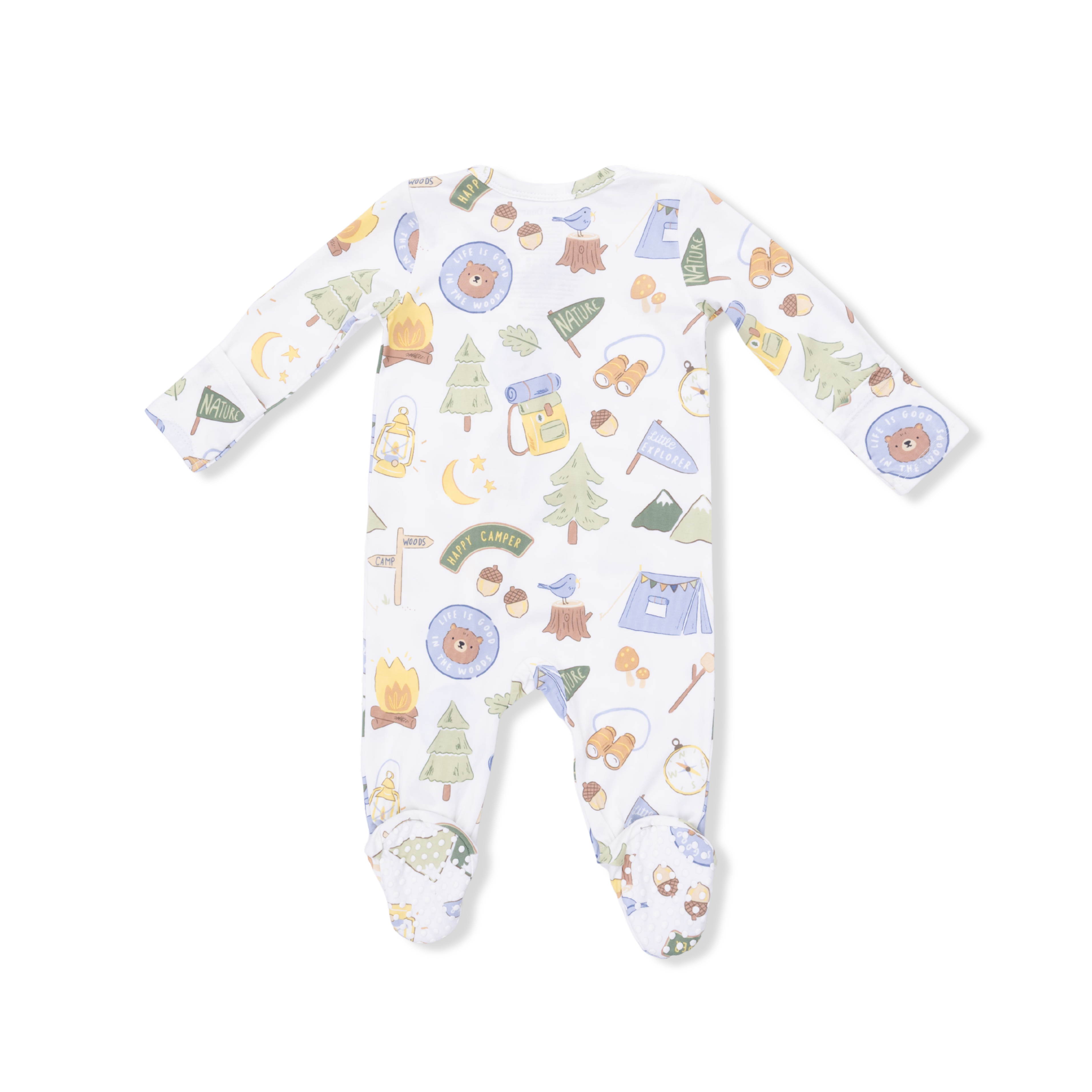 Baby onesie with camping-themed print on a white background