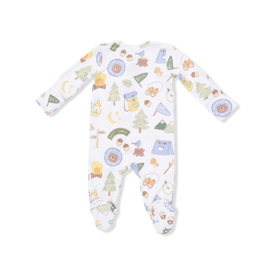 Baby onesie with camping-themed print on a white background