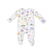 Baby onesie with camping-themed print on a white background