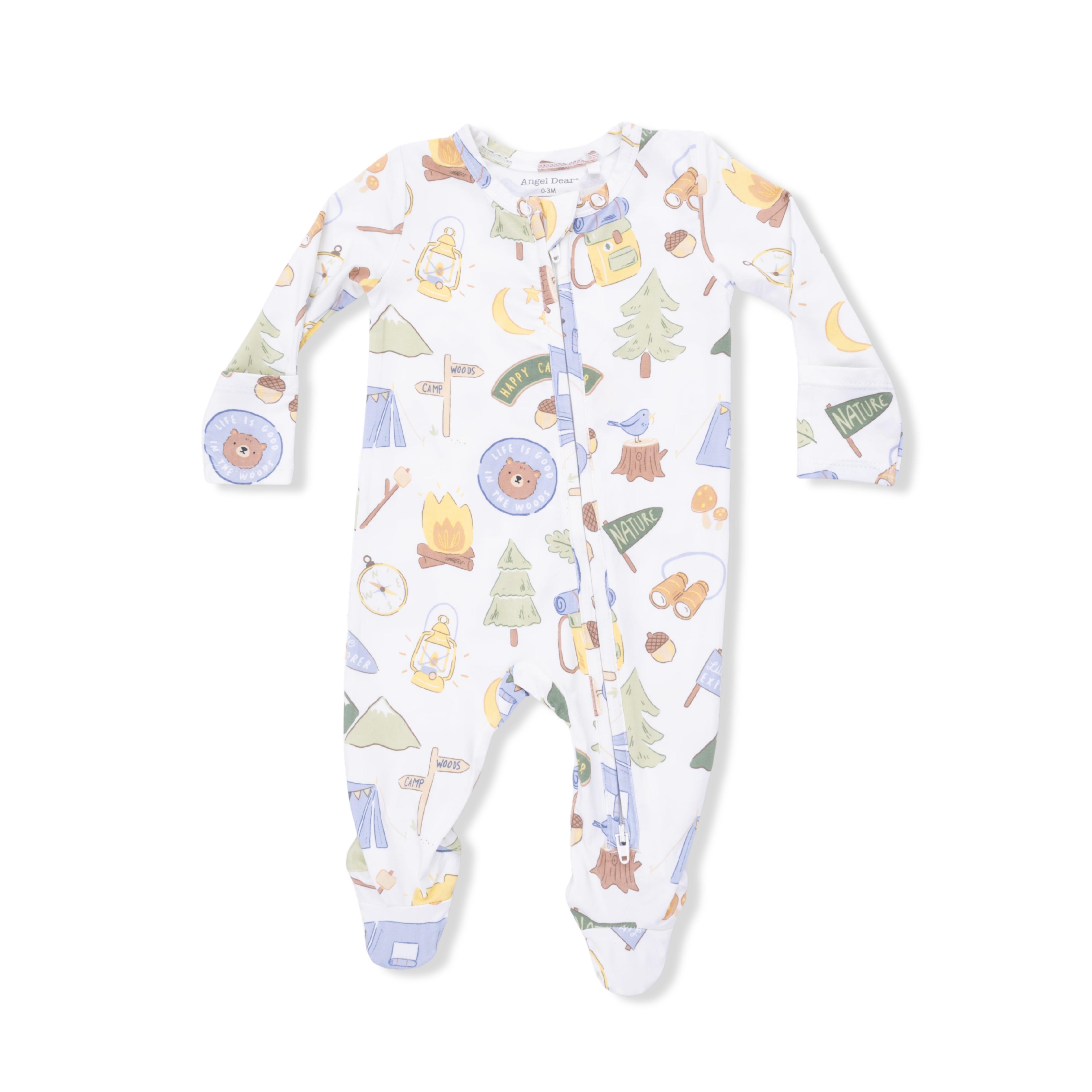 Baby onesie with camping-themed print on a white background