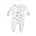 Baby onesie with camping-themed print on a white background