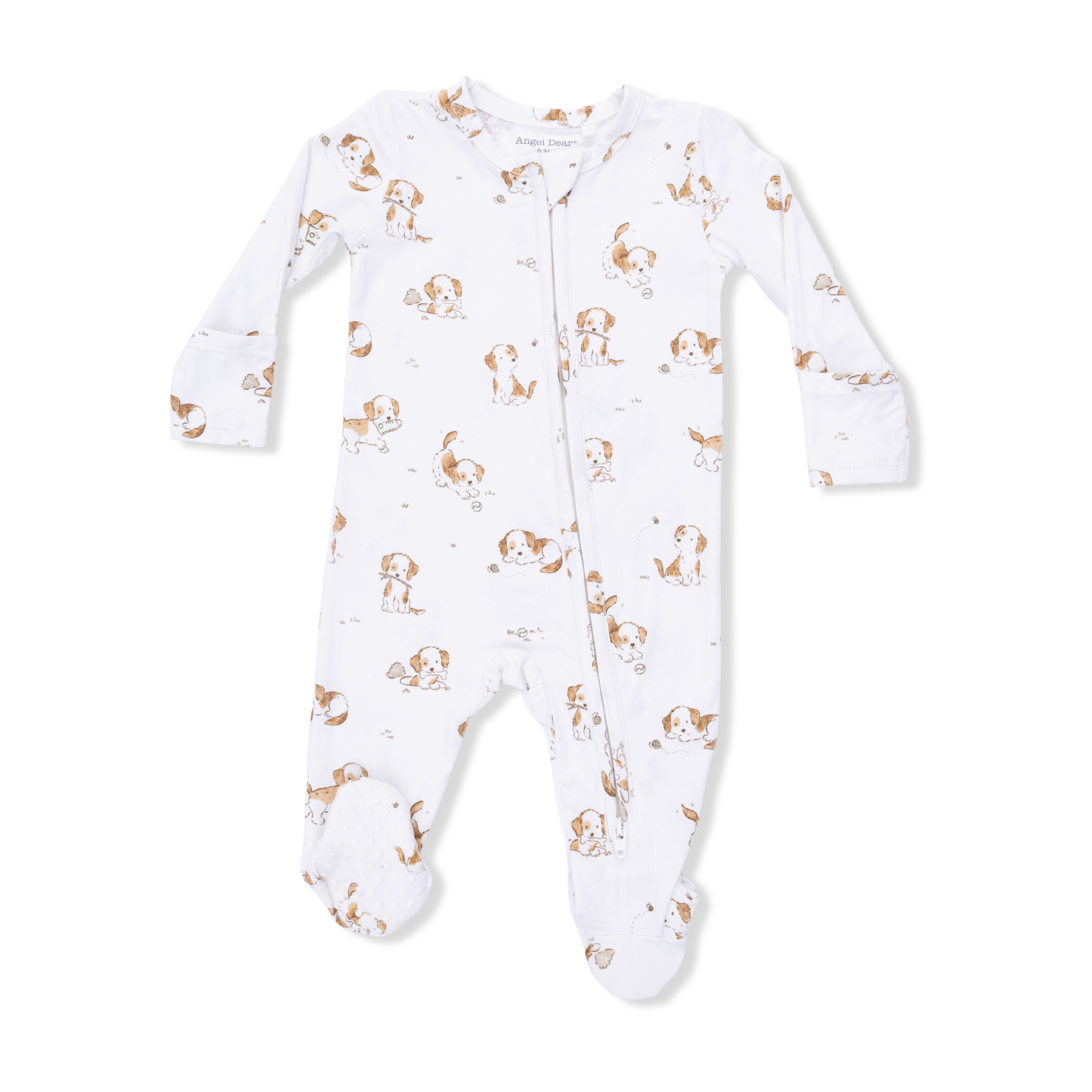 Baby onesie with dog pattern on a white background