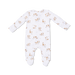 White baby onesie with gold animal pattern on a white background