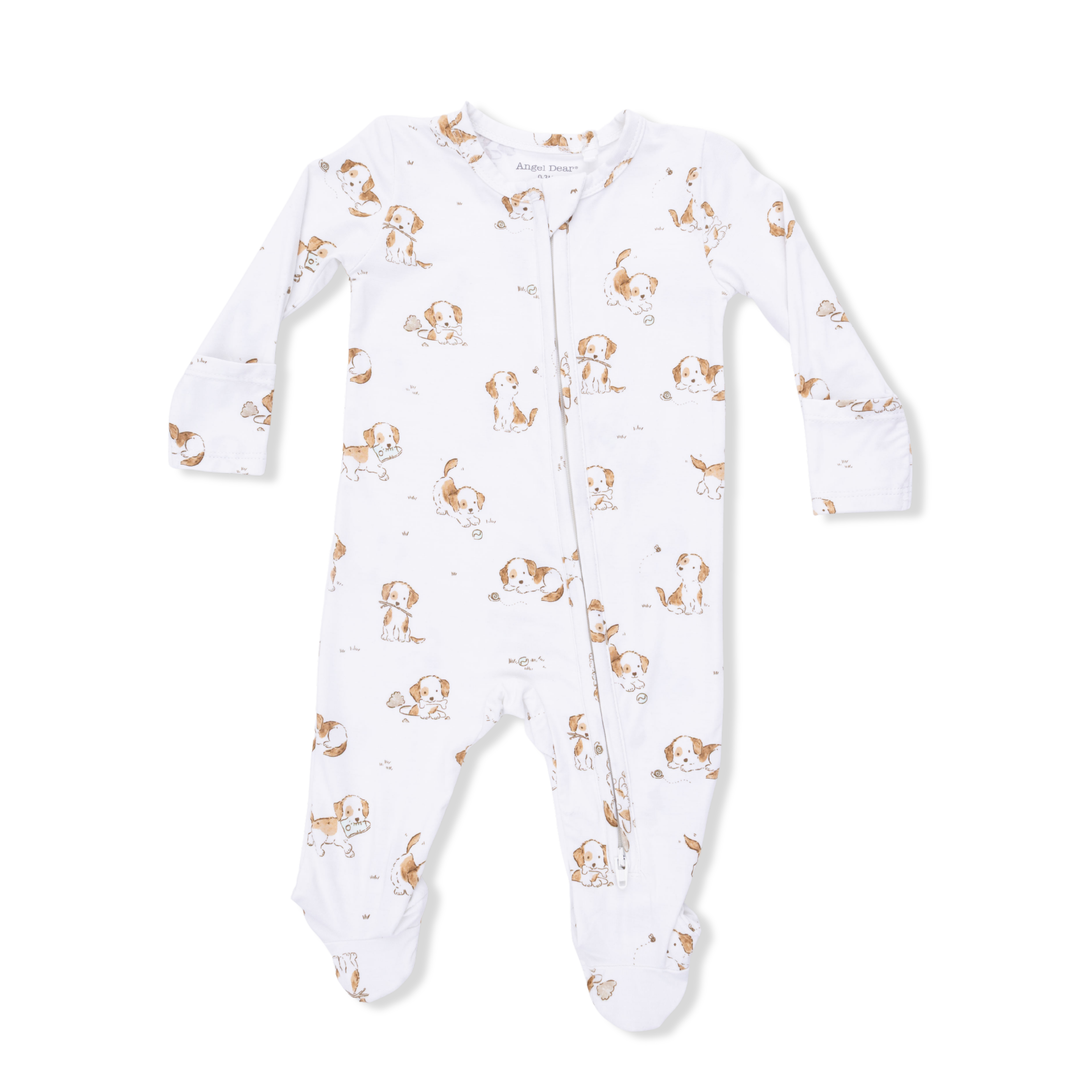 Baby onesie with dog pattern on a white background