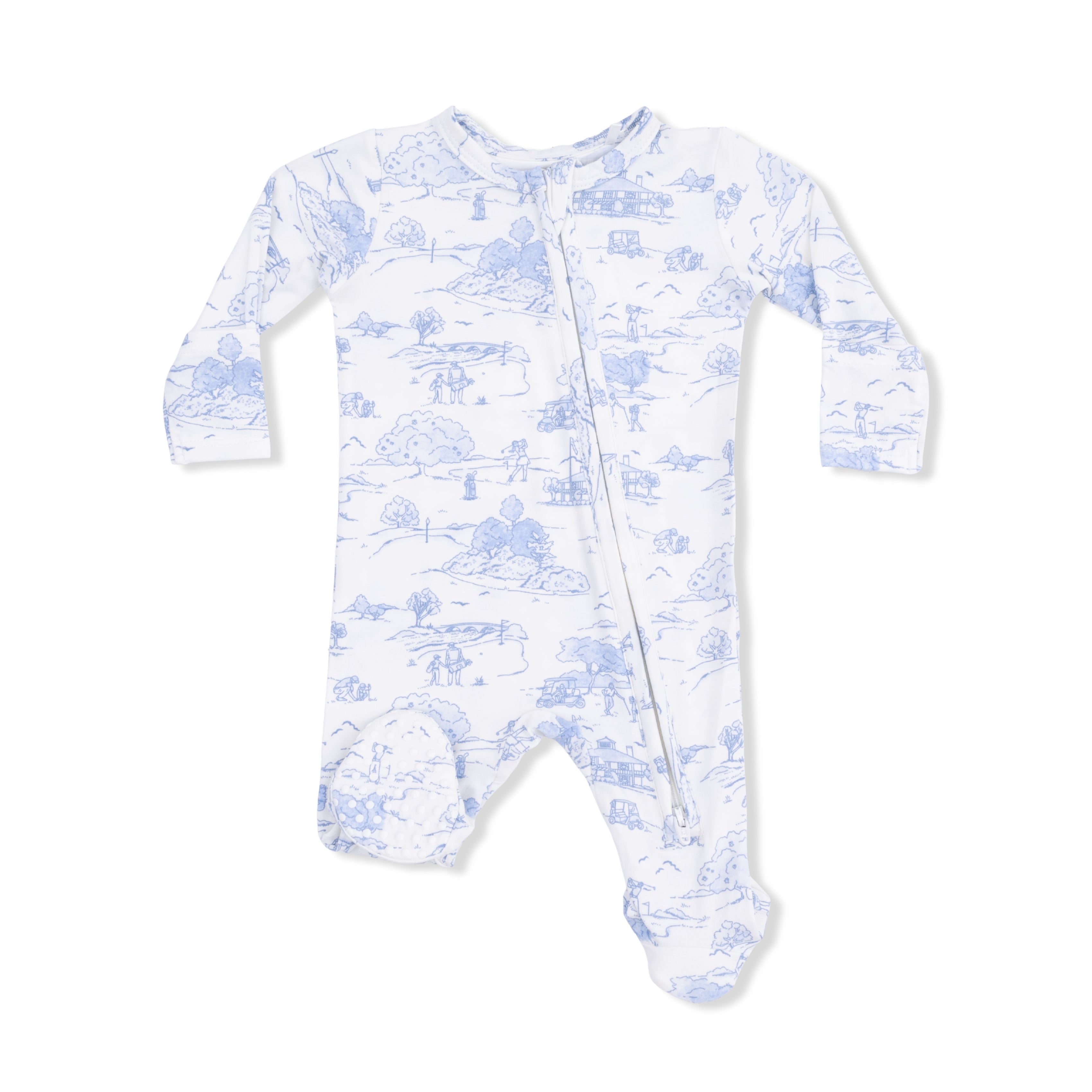 Baby onesie with blue and white pattern on a white background