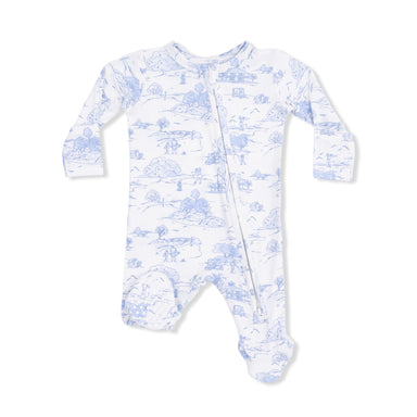 Baby onesie with blue and white pattern on a white background