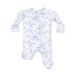 Baby onesie with blue and white pattern on a white background