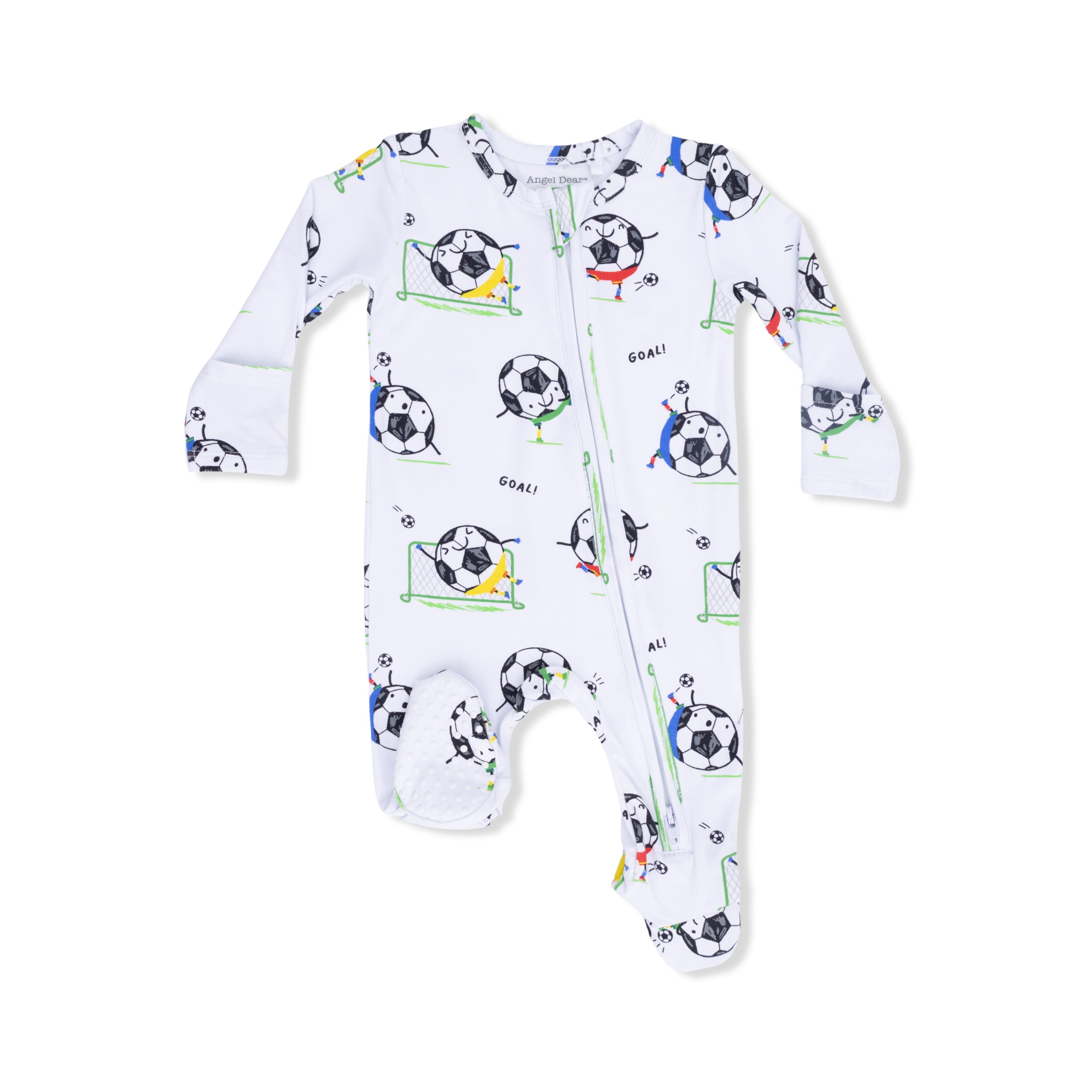Baby footie with soccer ball pattern on a white background