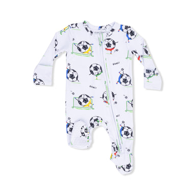 Baby footie with soccer ball pattern on a white background