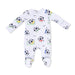 Baby footie with soccer ball and goalkeeper pattern on a white background