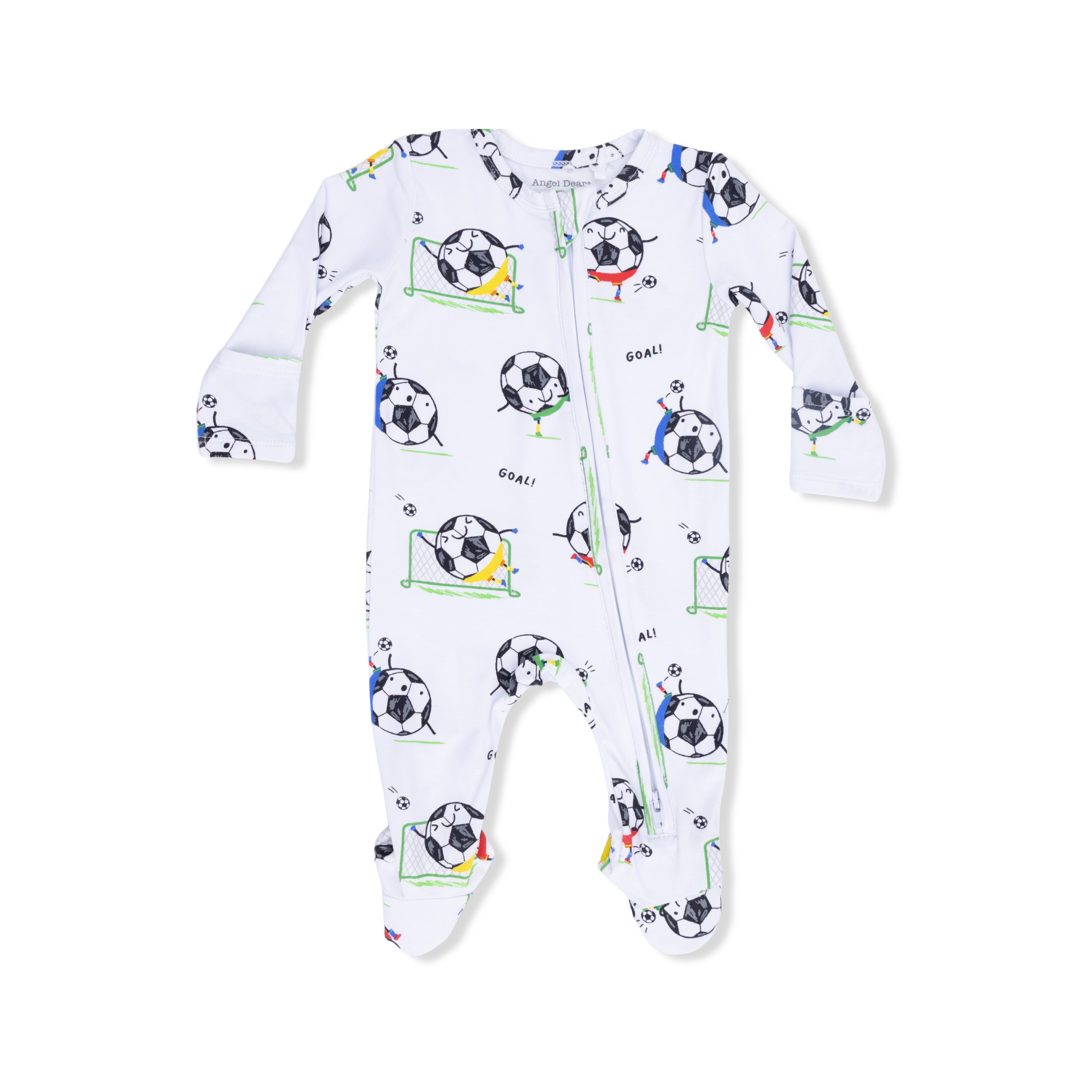 Baby footie with soccer ball pattern on a white background