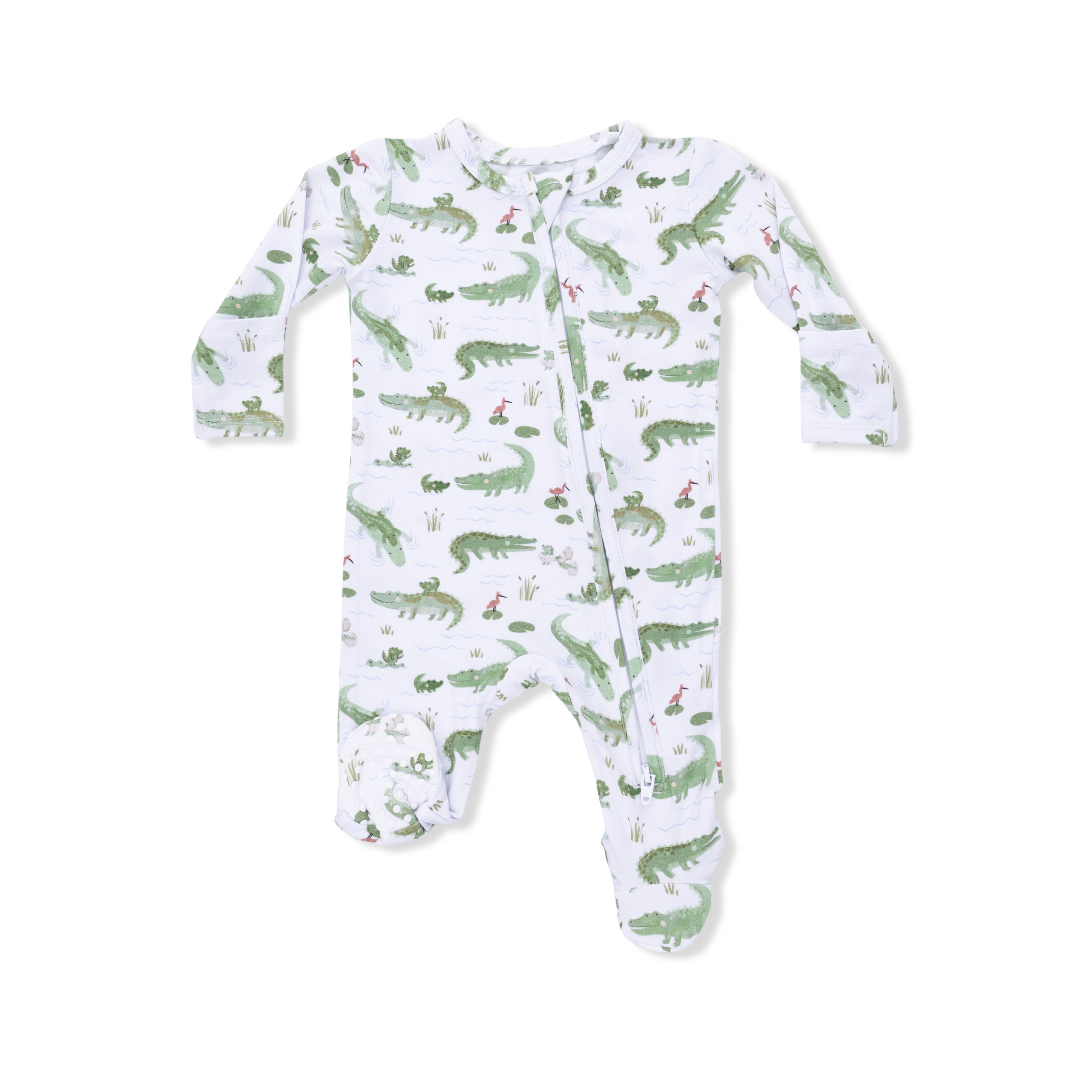 Baby onesie with alligator pattern on a white background