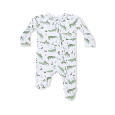 Baby onesie with alligator pattern on a white background