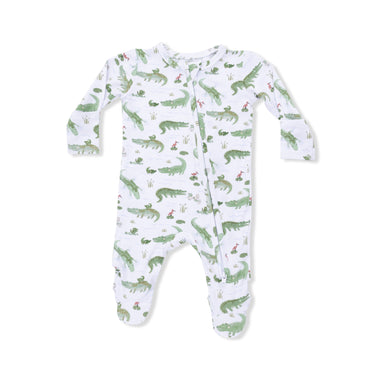 Baby onesie with alligator pattern on a white background