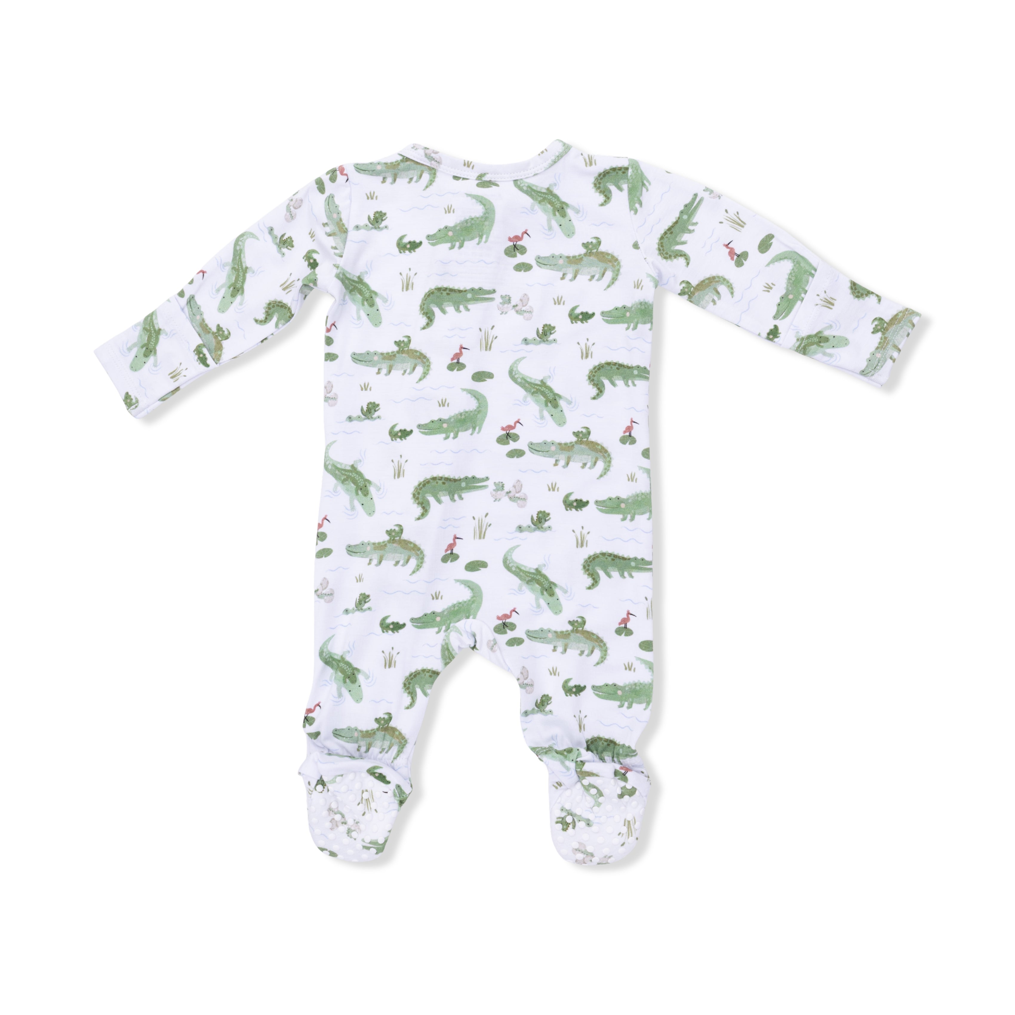 Baby onesie with alligator pattern on a white background
