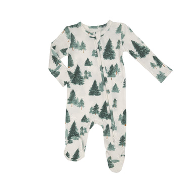 White footie pajama with a forest tree print