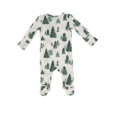 White footie pajama with a forest tree print