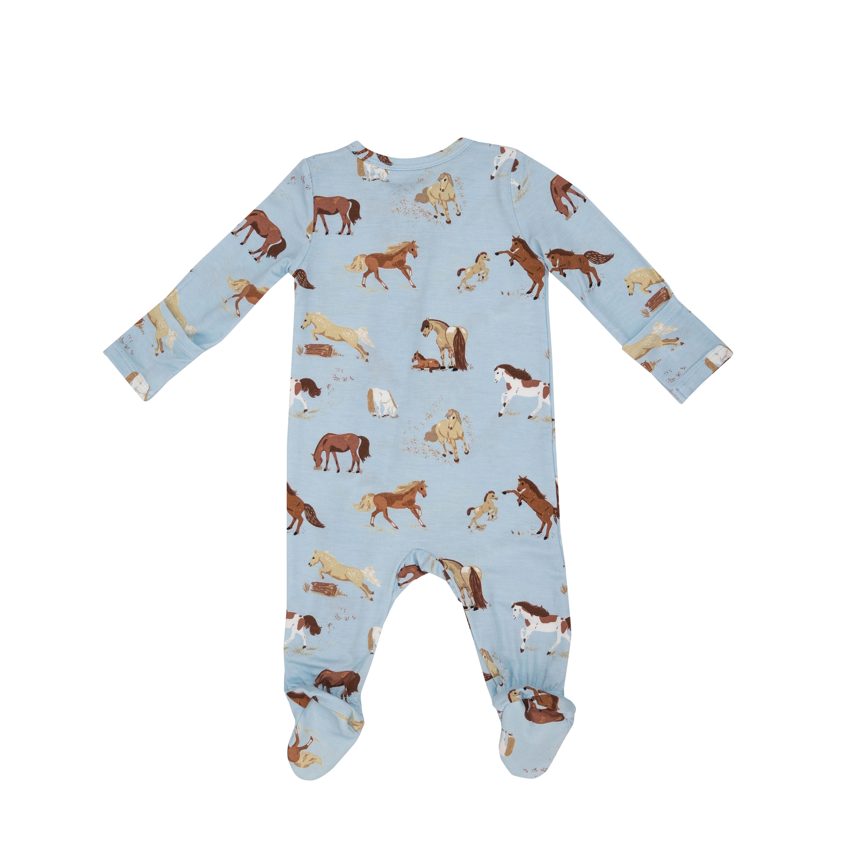 back of blue zipper footie with brown horses print