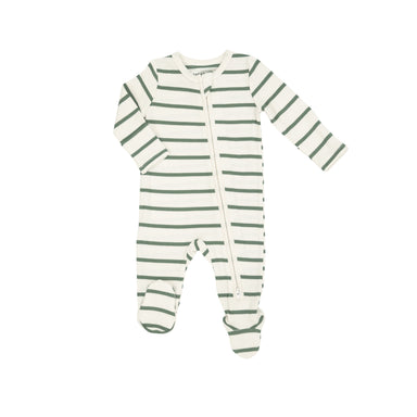 white zipper footie with green stripes
