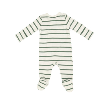 back of white zipper footie with green stripes