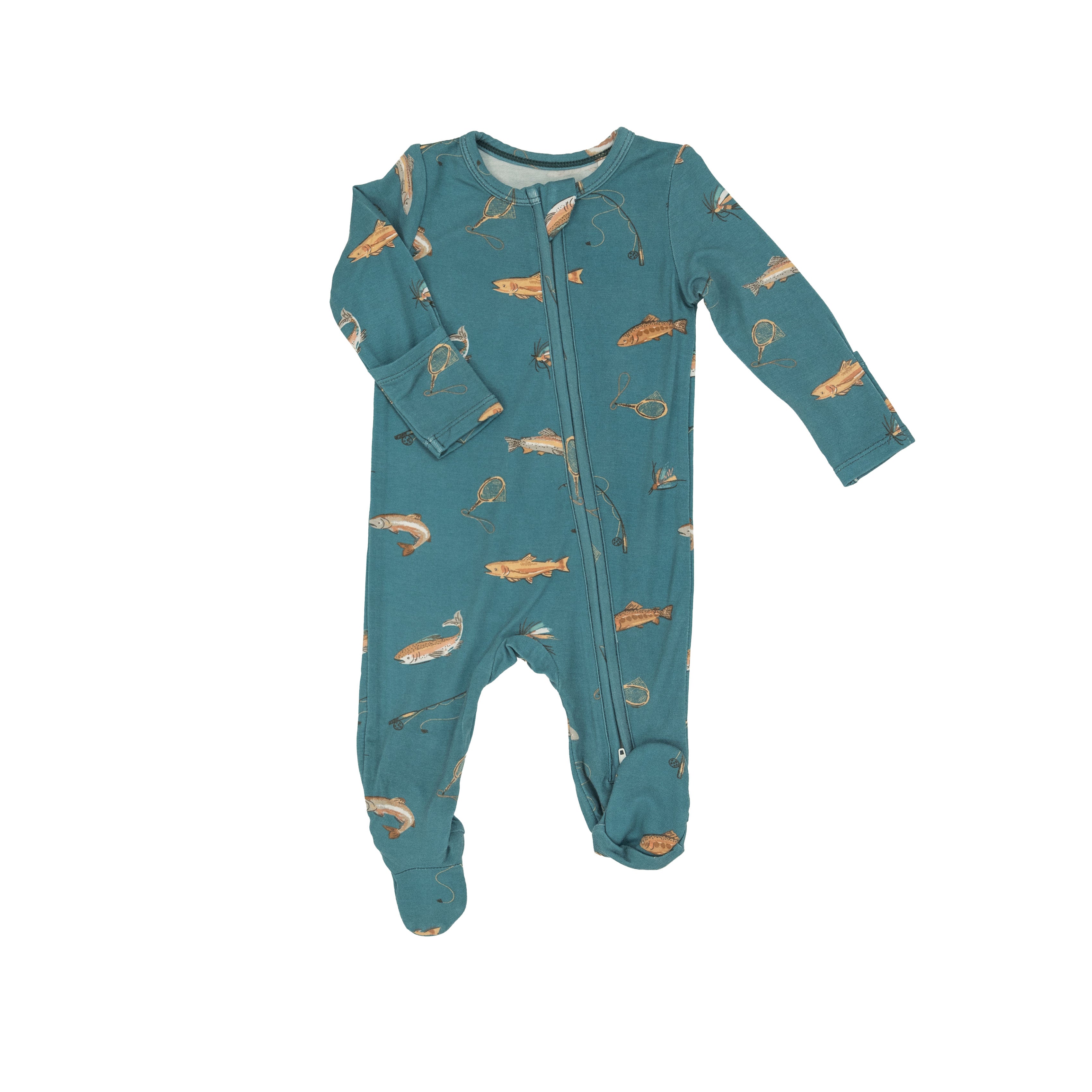 teal colored zipper footie with brown trout print