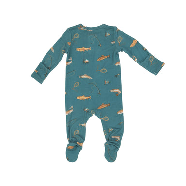 back of teal colored zipper footie with brown trout print