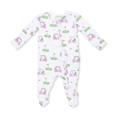 Baby onesie with golf-themed pattern on a white background