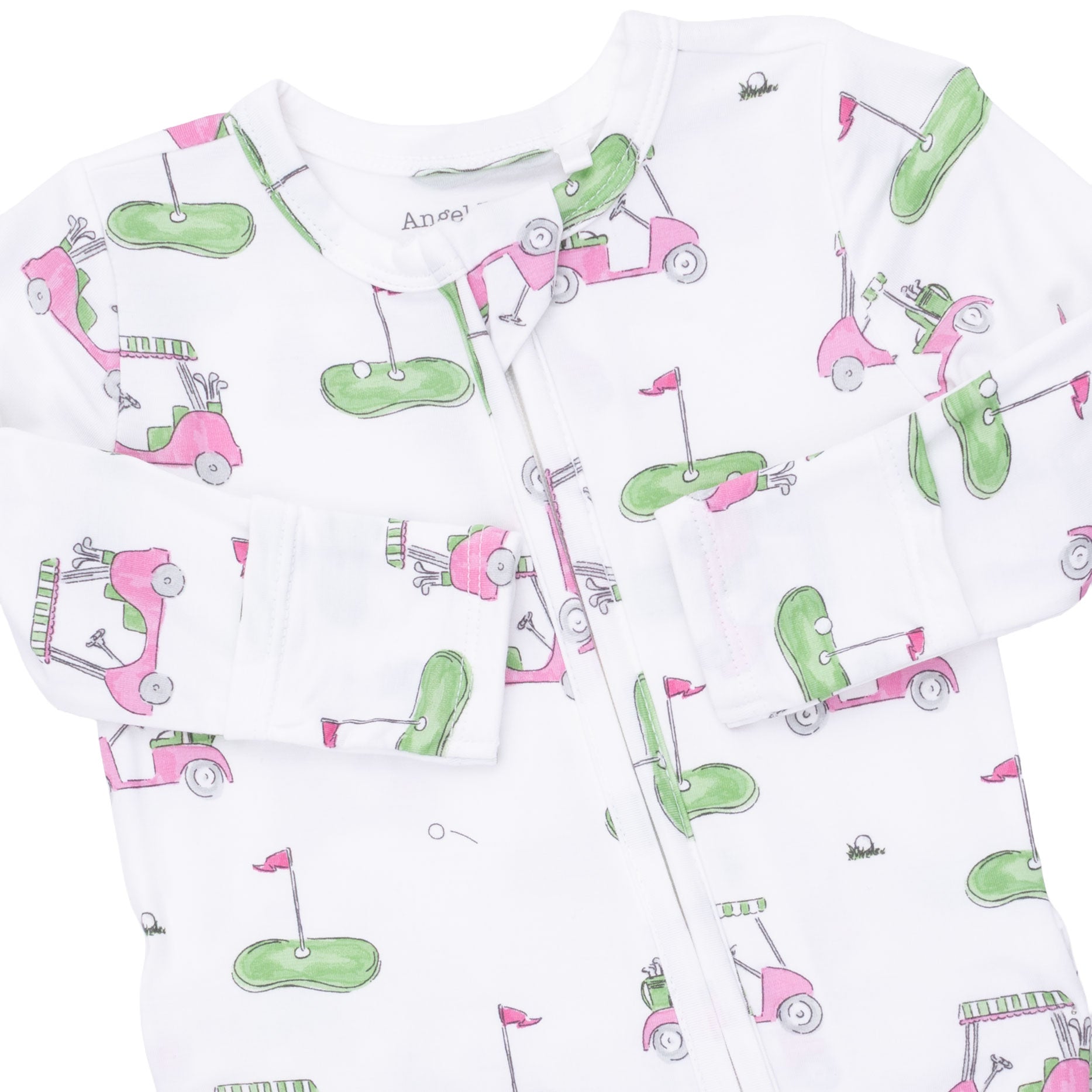 Baby onesies with golf pattern on a white background