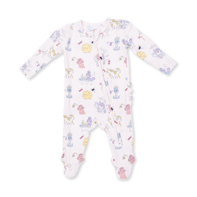 Baby onesie with colorful dog pattern on a white background