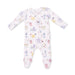 Baby onesie with colorful dog pattern on a white background