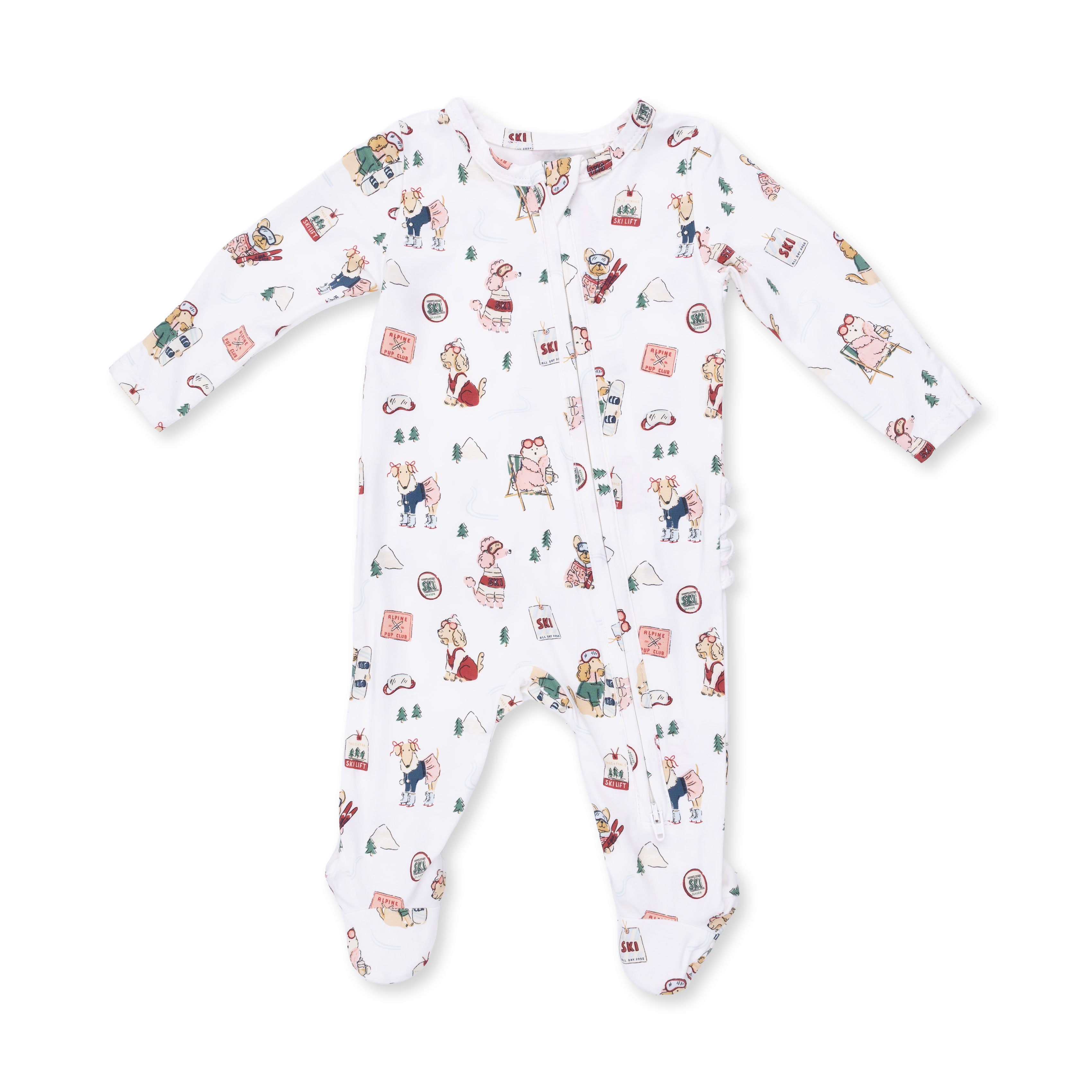 Baby onesie with colorful winter sports dog pattern on a white background
