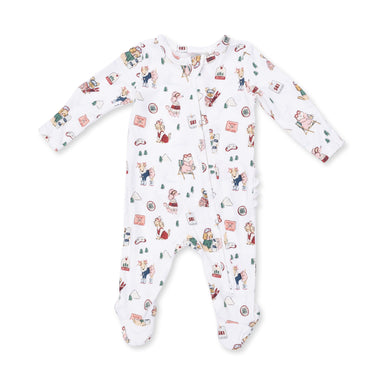 Baby onesie with colorful winter sports dog pattern on a white background