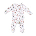 Baby onesie with colorful winter sports dog pattern on a white background