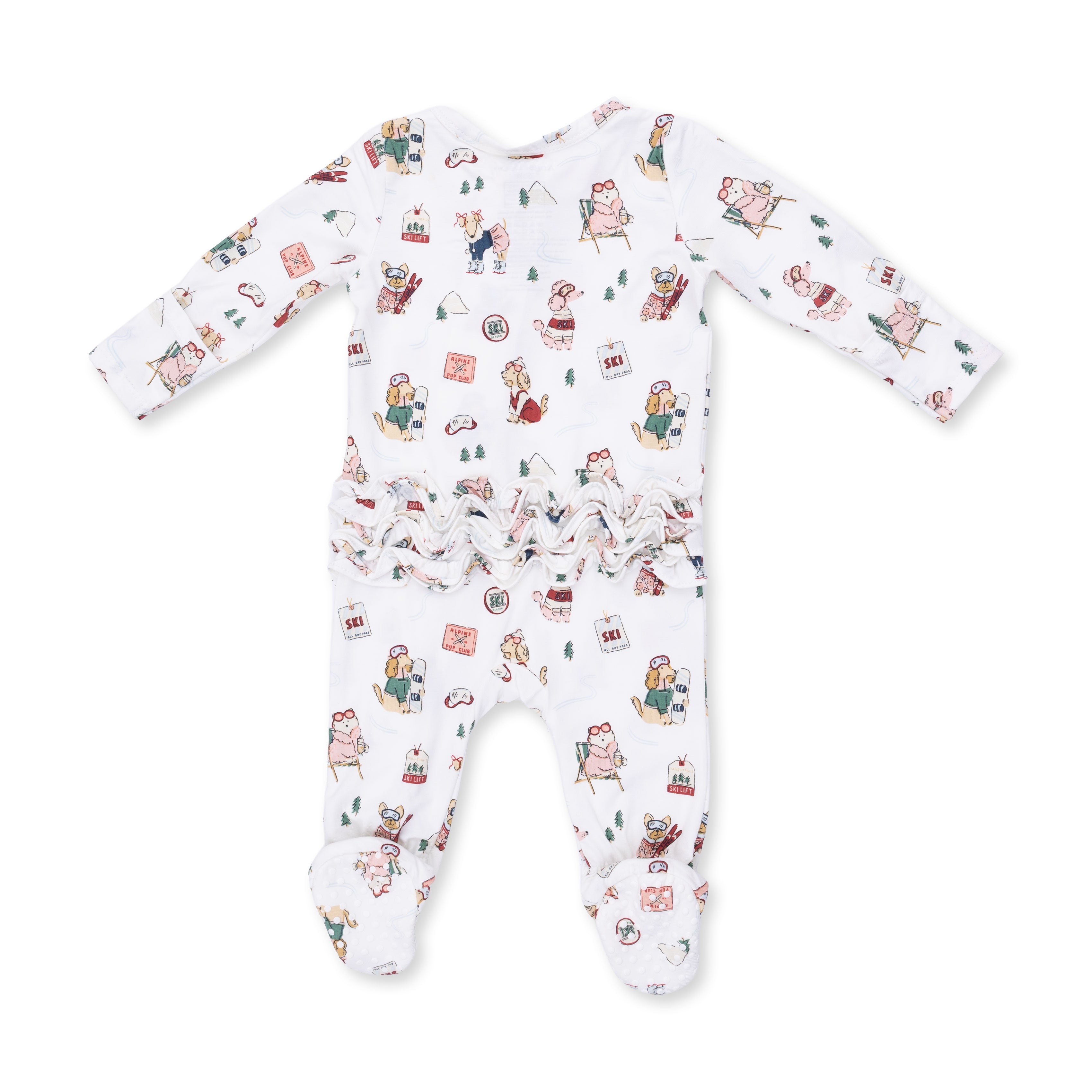 Baby onesie with a colorful winter sports dog pattern on a white background