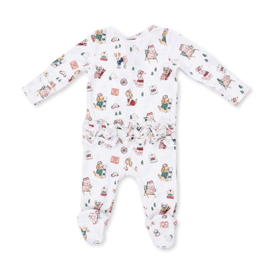 Baby onesie with a colorful winter sports dog pattern on a white background