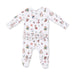 Baby onesie with a colorful winter sports dog pattern on a white background