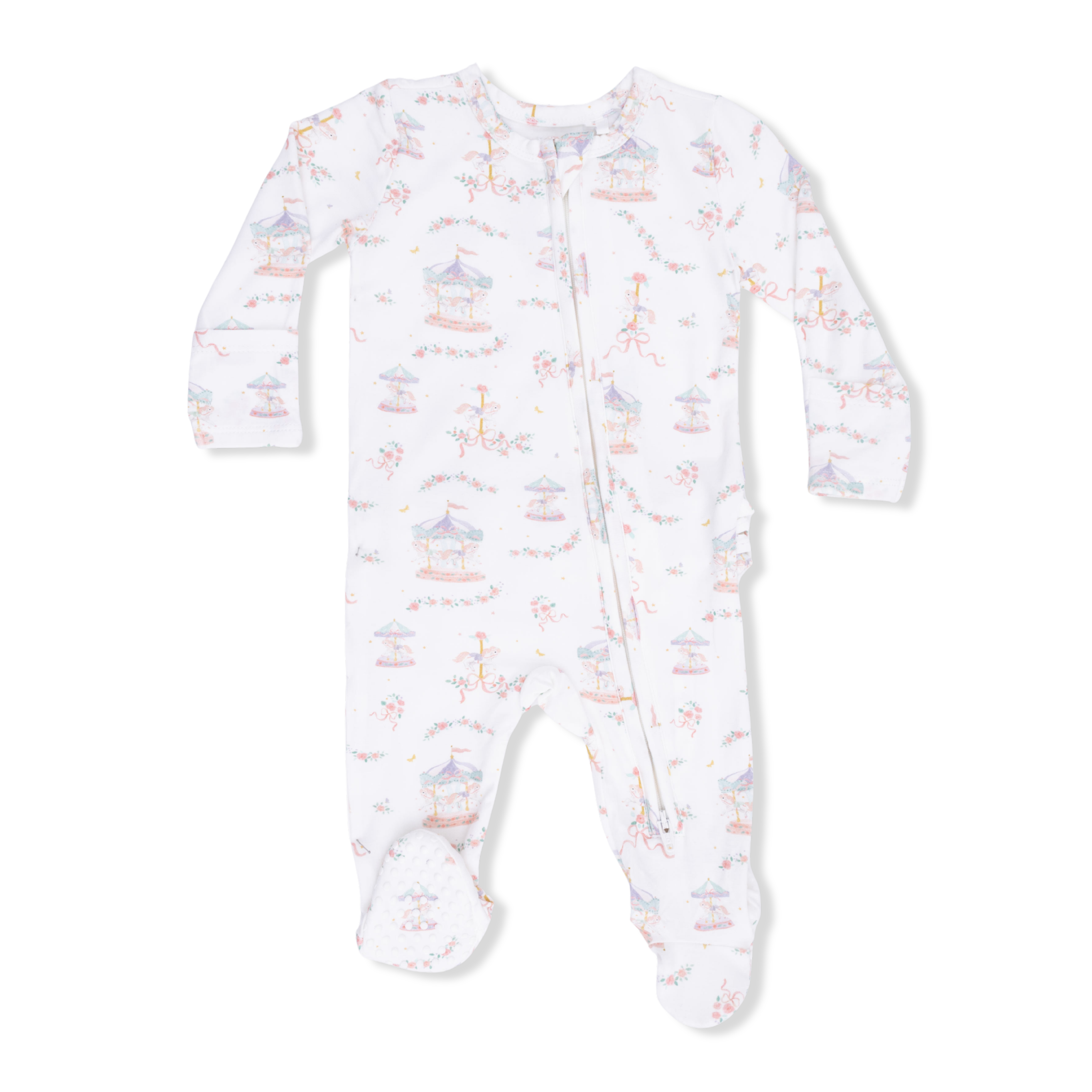 Baby onesie with carousel pattern on a white background